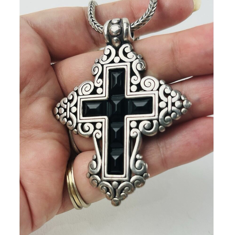 Brighton Cross Reversible Necklace Swirl Celtic Large Pendant Black Wheat Chain